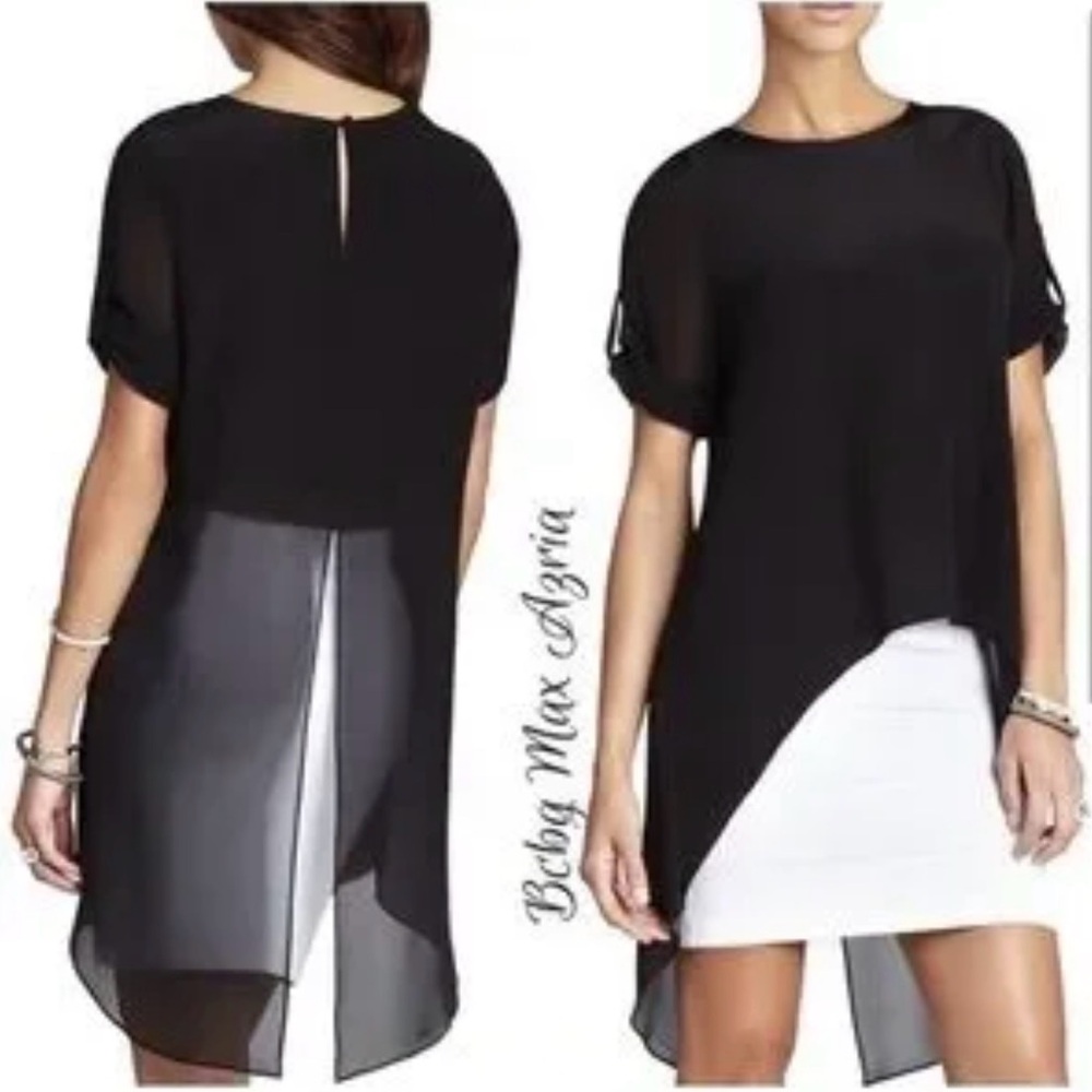 BCBGMaxAzria Black Silk High Low Duck Tail Blouse XS